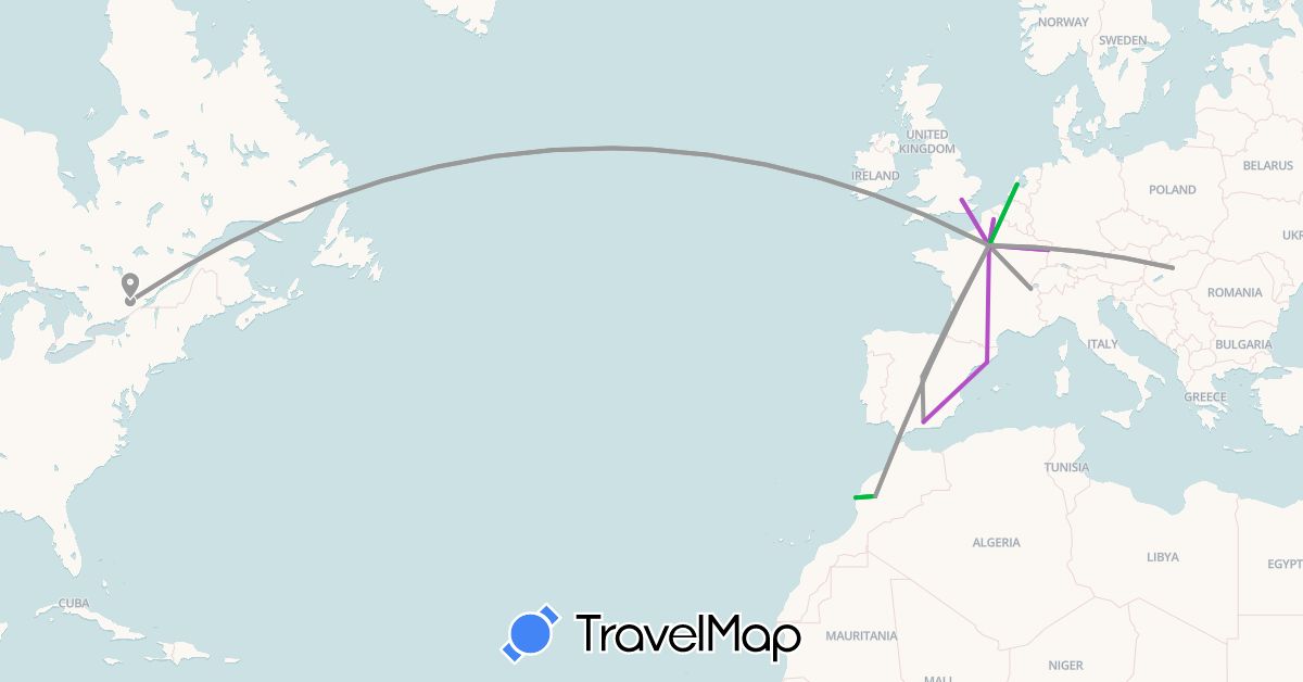 TravelMap itinerary: driving, bus, plane, train in Canada, Switzerland, Spain, France, United Kingdom, Hungary, Morocco, Netherlands (Africa, Europe, North America)